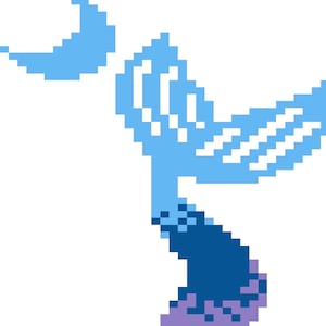 Può includere: Illustrazione pixelata raffigurante un uccello azzurro con le ali spiegate, una luna crescente e una base blu scuro. Il corpo dell'uccello passa dall'azzurro chiaro allo scuro, su sfondo bianco con bordi blu.