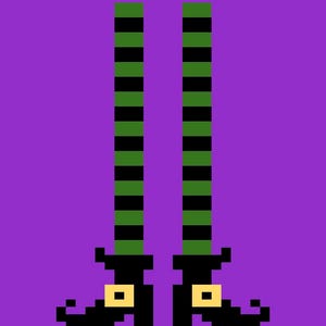 May include: A pixel art illustration of two legs wearing long, vertically striped green and black stockings. The legs are finished with black pointed shoes that feature a small, square, light yellow buckle detail, all set against a solid purple background.