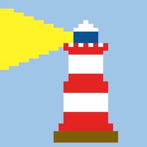 Op de afbeelding: Pixel art illustratie van een vuurtoren. De toren is rood en wit gestreept, met een blauwe top en een gele lichtstraal. Hij staat op een bruine basis tegen een lichtblauwe achtergrond. Eenvoudig, grafisch ontwerp.