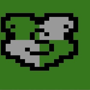 Könnte beinhalten: Pixeliges herzförmiges Grafikdesign in Grün und Grau auf grünem Hintergrund. Das Herz ist in zwei Hälften geteilt, eine grüne und eine graue, mit schwarzer Umrandung. Das Design ist einfach und geometrisch.