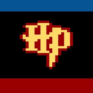 May include: Pixelated design with a green, blue, black, red, and yellow color scheme. The image features the letters "HP" in a yellow and red pixelated font, set against a black background. The design is reminiscent of a flag or banner.