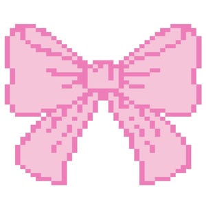 Può includere: Un fiocco rosa pixelato su sfondo bianco. Il fiocco è simmetrico, con due anelli su ogni lato e due nastri. Il design è semplice, con un'estetica retrò e a blocchi.