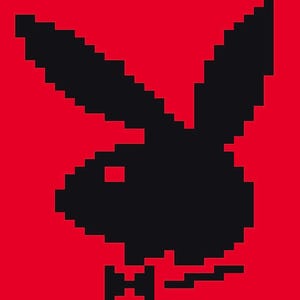 May include: A black, pixelated rabbit head with a bow tie, set against a vibrant red backdrop. The image features a blocky, simplified version of a well-known logo.