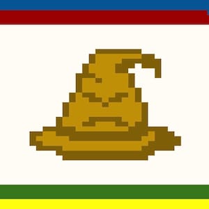 May include: Pixelated image of the Sorting Hat from the Harry Potter series. The hat is brown with a grumpy face, set against a white background. The top and bottom of the image feature horizontal stripes in green, yellow, blue, and red.