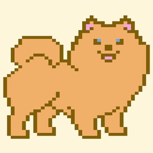 May include: Pixelated illustration of a Pomeranian dog in shades of brown and tan. The dog has blue eyes, pink ears, and a pink tongue. The background is a light beige color.