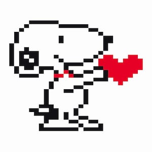 May include: Pixelated image of a white cartoon character holding a red heart. The character is black and white with a red bow tie. The background is white with a black border.
