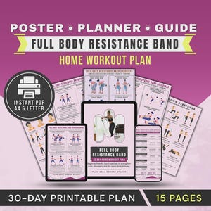 Pôster com faixa elástica de resistência para o corpo todo e alças para treino em casa, guia de exercícios com faixa elástica para iniciantes.