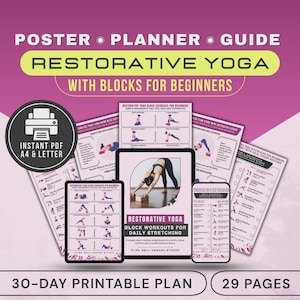 Poster PDF con la sfida di 30 giorni di yoga rigenerante con blocchi per stretching, esercizi e allungamenti.