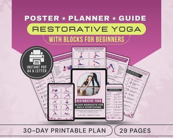 30-Day Restorative Yoga Workout with Blocks Challenge for Stretching, Exercises & Stretches PDF Poster
