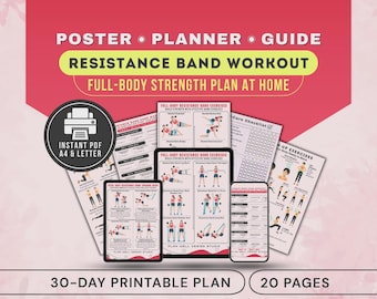 Resistance Band Home Workout Poster, Upper & Lower Body, Arm, Leg, Core, Back Exercises Chart