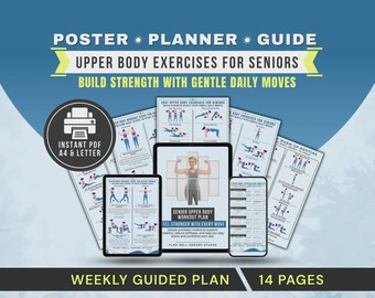 Upper Body Exercises for Seniors Poster, Arm, Shoulder, Chest, Back Workout Plan Printable PDF