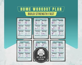 Póster con plan de entrenamiento en casa, ejercicios con mancuernas y peso corporal para principiantes, hombres y mujeres (PDF).