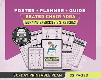 Yoga assis sur chaise pour débutants et seniors, exercices du matin, étirements, affiche imprimable, tableau des exercices PDF