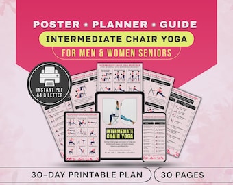 Intermediate Chair Yoga for Seniors Poster, Full Body Pilates Chair Workout Flow Exercise Chart