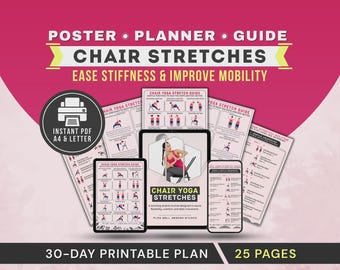 Poster con esercizi di stretching yoga da seduti per principianti e anziani, tabella stampabile in PDF con routine di stretching per anziani.