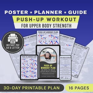 Póster del reto de flexiones de 30 días para mujeres, tabla de ejercicios de flexiones para la parte superior del cuerpo (PDF imprimible).