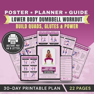 Lower Body Dumbbell Home Workout Poster, Leg Strength Training Quads, Glutes, Hamstrings, Calves Exercises