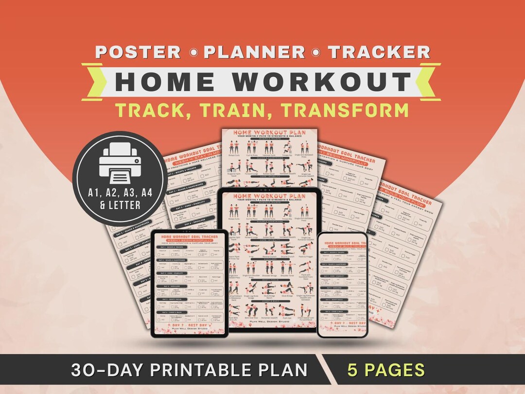 30-day Home Workout Challenge Plan Printable Poster, Fitness Planner ...