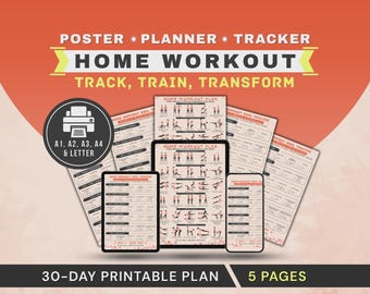 30-Day Home Workout Challenge Plan Printable Poster, Fitness Planner & Tracker PDF Exercise Chart