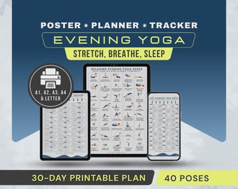 Evening Yoga Poses Printable Poster, Bedtime Stretches for Beginners, Yoga Exercises Chart PDF