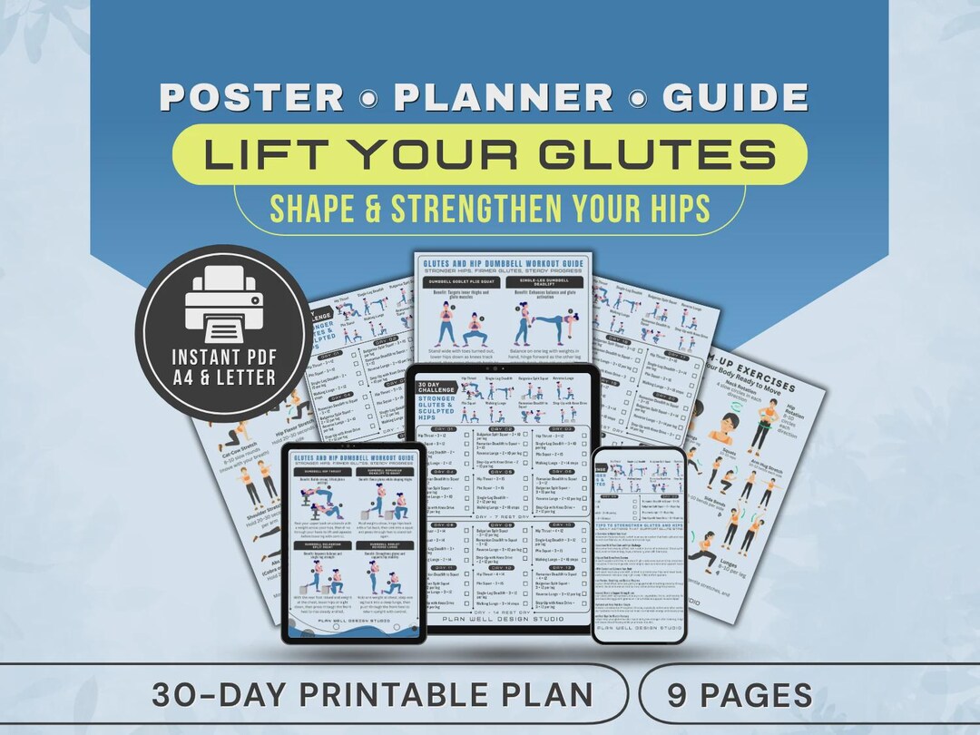 30 Day Glutes and Hips Challenge Poster, Glute & Hip Flexors Dumbbell ...
