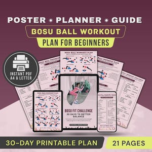 30-Tage-Bosu Ball Workout-Challenge-Poster, Balance-Trainer Übungsplan Plan PDF zum Ausdrucken