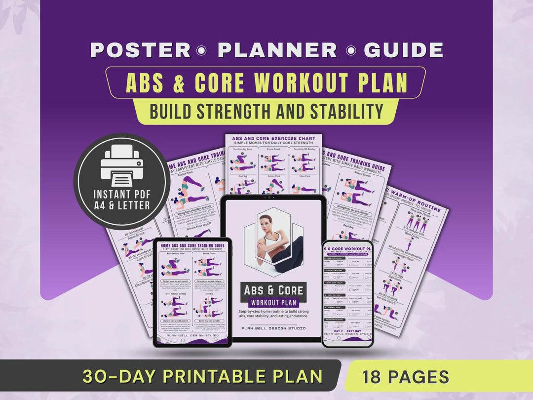 Abs & Core Exercises Poster Workout Chart Printable PDF, Ab Training ...