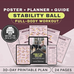 Stability Ball Workout Plan Poster 30-Day Challenge, Swiss Ball Exercises PDF Printable Exercise Chart