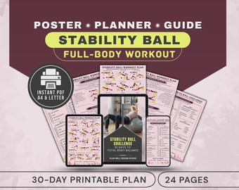 Stability Ball Workout Plan Poster 30-Day Challenge, Swiss Ball Exercises PDF Printable Exercise Chart