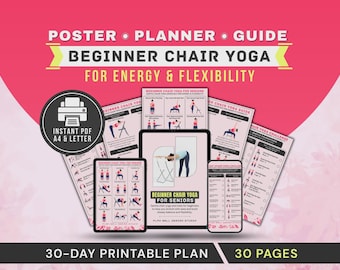 Poster imprimable de la routine d'entraînement de yoga sur chaise pour débutant senior, tableau PDF des exercices de Pilates sur chaise pour tout le corps