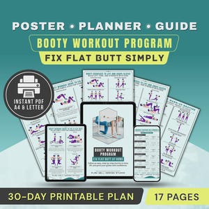 Booty Workout Program for Women Poster, Glute Lift Exercises, Fix Flat Butt Exercise Chart
