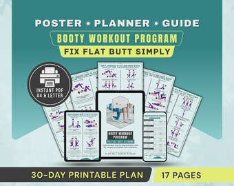 Booty Workout Program for Women Poster, Glute Lift Exercises, Fix Flat Butt Exercise Chart