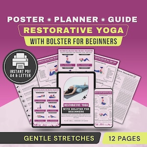 Restorative Yoga Flow with Bolster Sequence PDF for Beginners, Hip Relief Back Stretches Poster