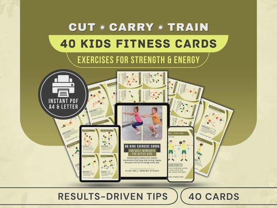 Printable Kids Exercise Cards, 40 Children's Workout Flashcards, Child Exercises Fitness PDF Digital Download
