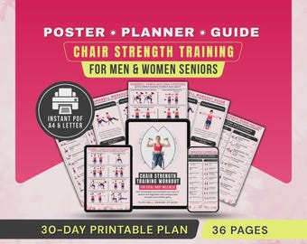 Chair Krafttraining Workout für Senioren Poster, Eigengewicht & Kurzhantel Übungen druckbare Tabelle PDF