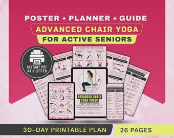 Advanced Chair Yoga Poses for Seniors Printable Poster, Seated Cardio Exercises, Pilates Workout Chart