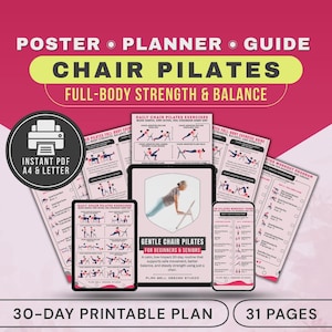 Chair Pilates for Beginners & Seniors Printable Poster, 30-Day Full-Body Exercise Routine Chart PDF