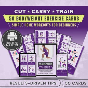 May include: A digital download of 50 bodyweight exercise cards for simple home workouts for beginners. The cards are displayed on a tablet, phone, and printed sheets. The design is purple and white with the text "CUT • CARRY • TRAIN".