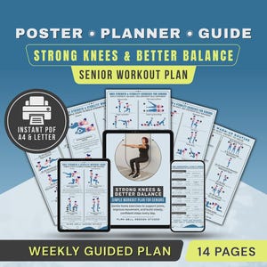 Könnte beinhalten: Ein digitaler Trainingsplan für Senioren mit dem Titel "Strong Knees & Better Balance". Das Bild zeigt ein Tablet, ein Telefon und Ausdrucke mit Übungsillustrationen. Der Plan beinhaltet einen wöchentlichen Leitfaden und ist als sofortiges PDF in A4- und Letter-Größe erhältlich.