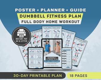 Dumbbell Fitness Plan Printable Poster, Men, Women Strength Training Workout Full Body Exercise Chart