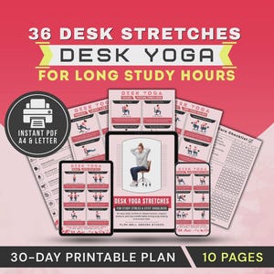 Desk Yoga Stretches for Students Poster, Study Stress Relief, Neck, Shoulder, Back, Printable PDF
