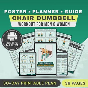 Chair Dumbbell Exercises Printable Poster, Upper and Lower Body, Core Workout for Seniors Chart