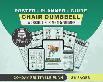 Chair Dumbbell Übungen druckbares Poster, Ober- und Unterkörper, Core Workout für Senioren Diagramm