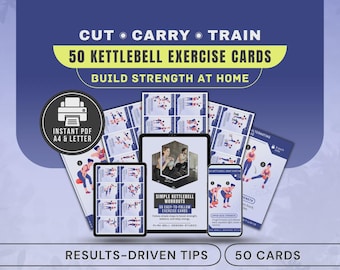 Kettlebell Exercise Cards, 50 Printable Home Gym Strength Training Workout Flashcards, HIIT Fitness Gift