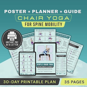 Póster imprimible de yoga en silla para la movilidad de la columna vertebral, alivia el dolor y la rigidez de cuello, hombros y espalda baja.