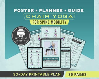 Chair Yoga for Spine Mobility Printable Poster, Ease Neck, Shoulder, Lower Back Pain, Stiffness