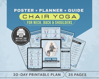 Chair Yoga Exercises for Neck, Back & Shoulders, Gentle Stretches Guide Printable PDF Chart