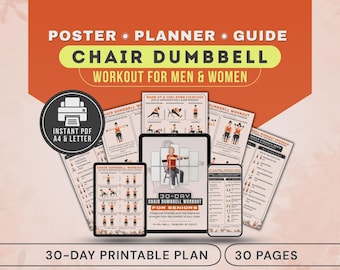 Chair Dumbbell Workout Poster, Seated Strength Exercises for Seniors Printable PDF Exercise Chart