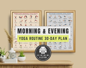 Morning & Evening Yoga Poses Printable Poster, Illustrated Flow Planner Tracker PDF Chart