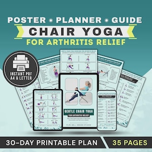 Ejercicios de yoga en silla para personas mayores con artritis (póster imprimible en PDF), guía de ejercicios para la osteoartritis de rodilla.